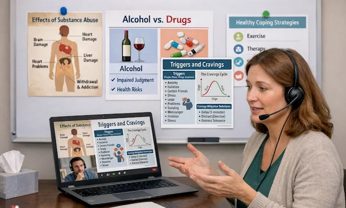 Registered counsellor providing a private 1-on-1 online session for the alcohol drug program.