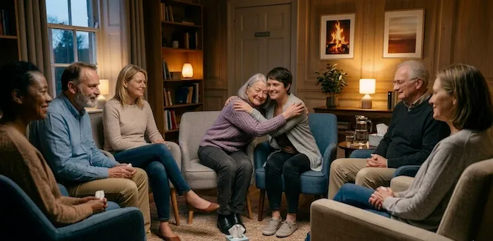 Two people hugging to provide support during a bereavement support group session in the Western Suburbs of Melbourne.