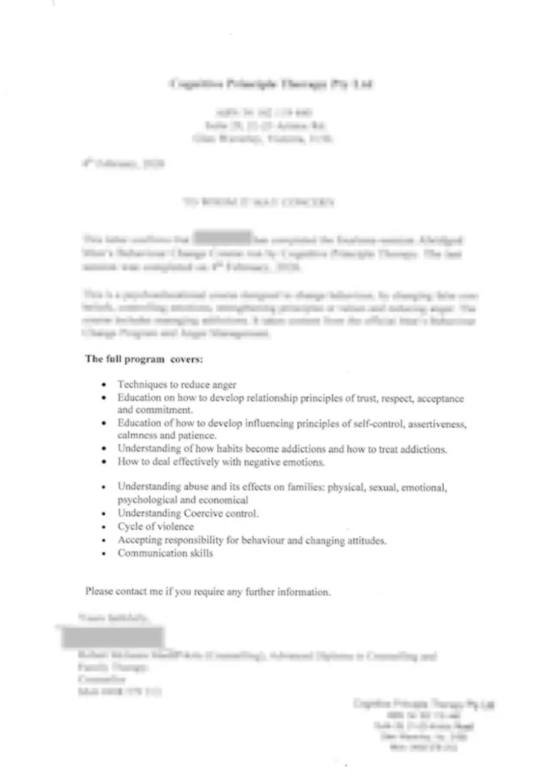 Court-approved certificate for domestic violence counselling and behaviour change completion.