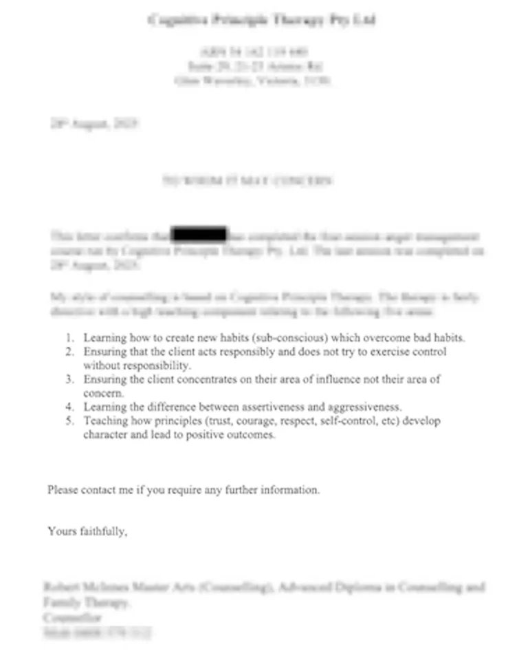 A sample of the court approved anger management certificate of completion provided upon finishing the course.