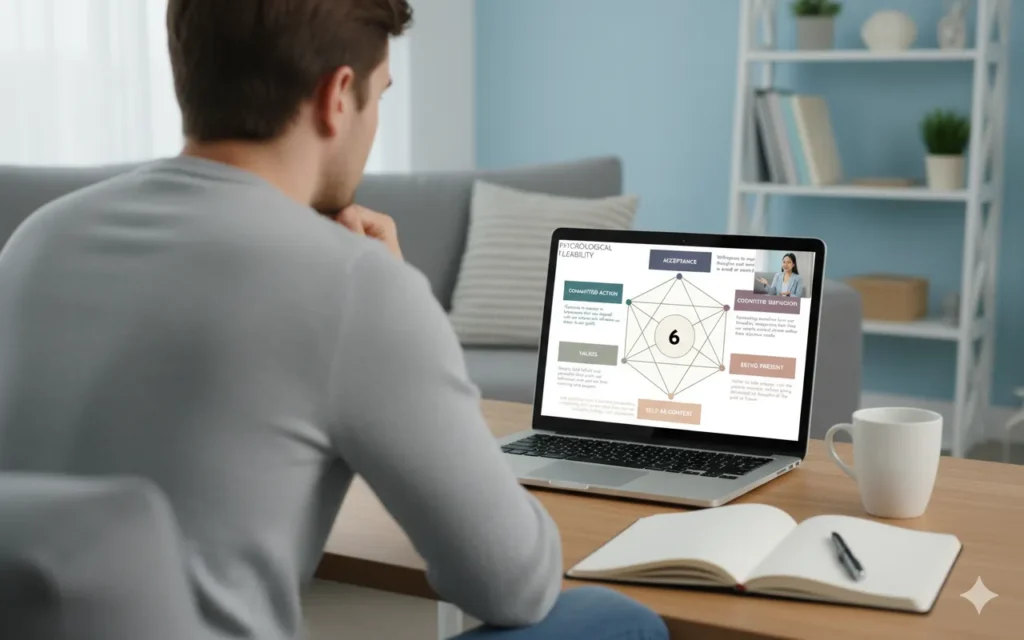 A registered counsellor conducting an online anger management program session with a client via video call.